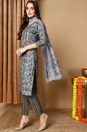 grey color embroidered silk blend styles kurta trouser with dupatta