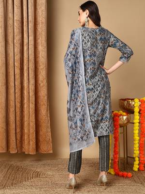 grey color embroidered silk blend styles kurta trouser with dupatta 4