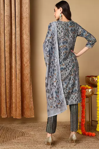 grey color embroidered silk blend styles kurta trouser with dupatta