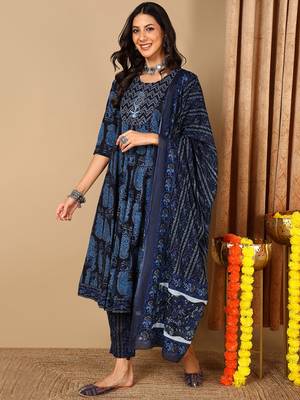 blue color embroidered pure cotton styles kurta trouser with dupatta 1
