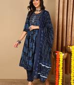 blue color embroidered pure cotton styles kurta trouser with dupatta