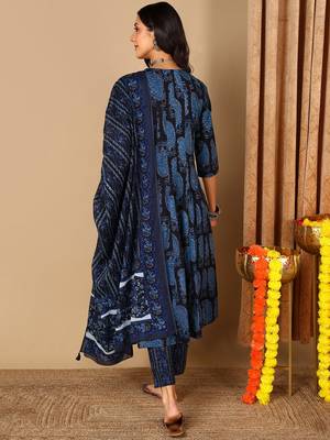 blue color embroidered pure cotton styles kurta trouser with dupatta 4