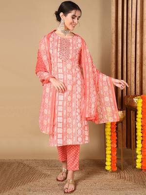 peach color embroidered poly cotton styles kurta trouser with dupatta 1