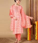 peach color embroidered poly cotton styles kurta trouser with dupatta