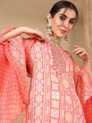 peach color embroidered poly cotton styles kurta trouser with dupatta 2