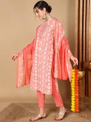 peach color embroidered poly cotton styles kurta trouser with dupatta 3