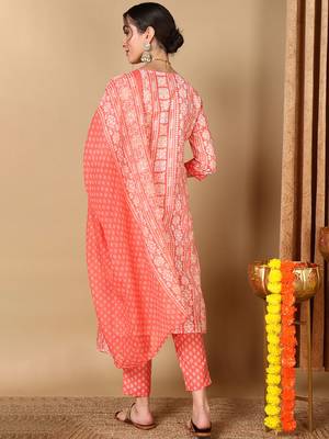 peach color embroidered poly cotton styles kurta trouser with dupatta 4