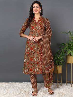 brown color printed pure cotton styles kurta trouser with dupatta 1