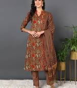 brown color printed pure cotton styles kurta trouser with dupatta