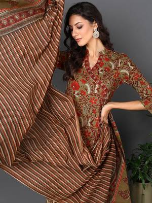 brown color printed pure cotton styles kurta trouser with dupatta 2