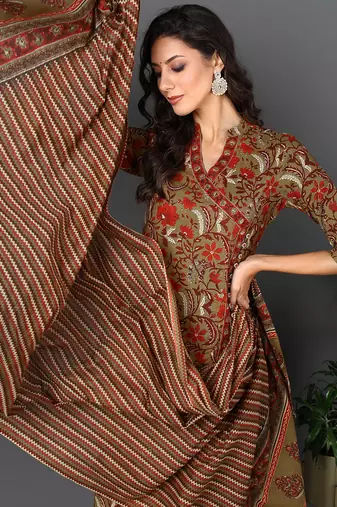 brown color printed pure cotton styles kurta trouser with dupatta