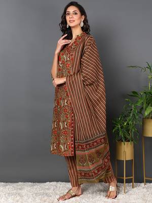 brown color printed pure cotton styles kurta trouser with dupatta 3