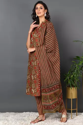 brown color printed pure cotton styles kurta trouser with dupatta