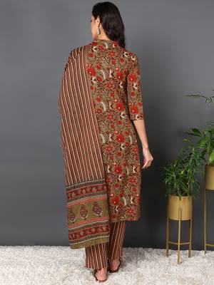 brown color printed pure cotton styles kurta trouser with dupatta 4