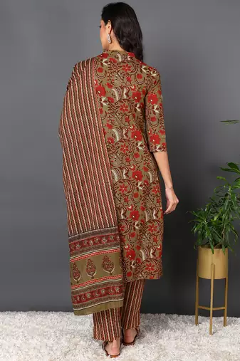 brown color printed pure cotton styles kurta trouser with dupatta