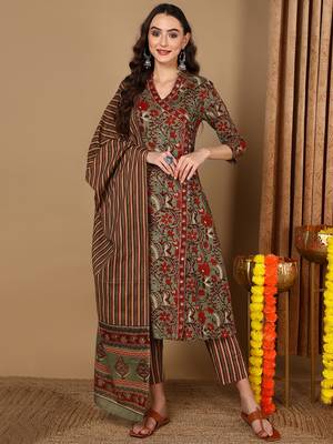 green color printed pure cotton styles kurta trouser with dupatta 1