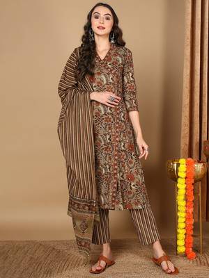 taupe color printed pure cotton styles kurta trouser with dupatta 1
