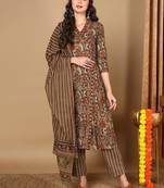 taupe color printed pure cotton styles kurta trouser with dupatta