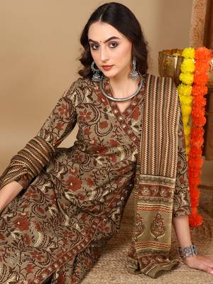 taupe color printed pure cotton styles kurta trouser with dupatta 2
