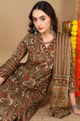 taupe color printed pure cotton styles kurta trouser with dupatta