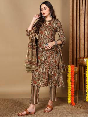 taupe color printed pure cotton styles kurta trouser with dupatta 3