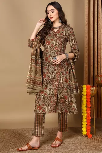 taupe color printed pure cotton styles kurta trouser with dupatta