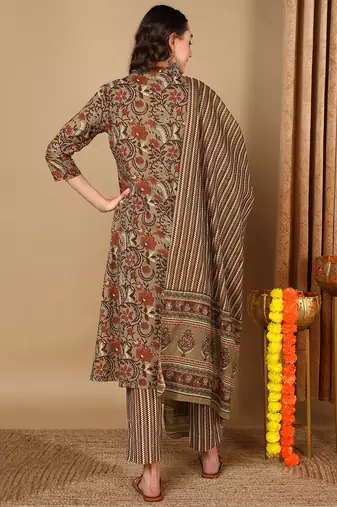 taupe color printed pure cotton styles kurta trouser with dupatta