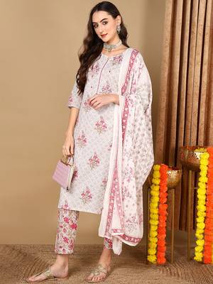 off white color printed pure cotton styles kurta trouser with dupatta 1