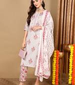 off white color printed pure cotton styles kurta trouser with dupatta