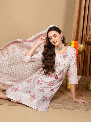 off white color printed pure cotton styles kurta trouser with dupatta 2