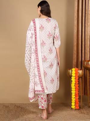 off white color printed pure cotton styles kurta trouser with dupatta 3