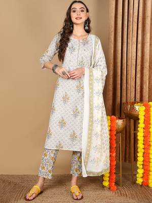 off white color printed pure cotton styles kurta trouser with dupatta 1