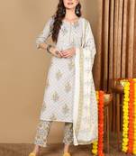 off white color printed pure cotton styles kurta trouser with dupatta