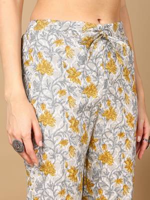 off white color printed pure cotton styles kurta trouser with dupatta 5