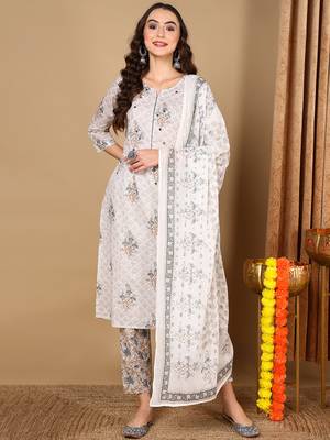 off white color printed pure cotton styles kurta trouser with dupatta 1