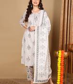 off white color printed pure cotton styles kurta trouser with dupatta