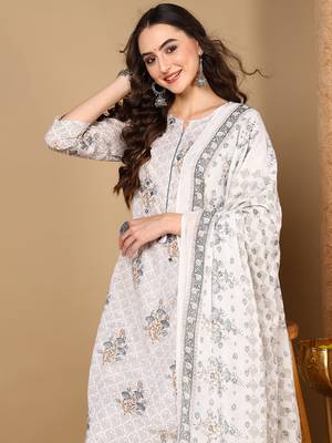 off white color printed pure cotton styles kurta trouser with dupatta 2