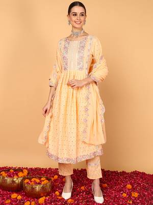 orange color embroidered pure cotton styles kurta trouser with dupatta 1