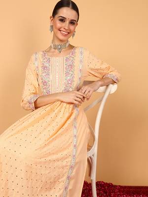 orange color embroidered pure cotton styles kurta trouser with dupatta 2