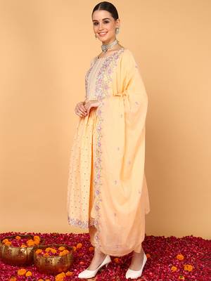 orange color embroidered pure cotton styles kurta trouser with dupatta 3