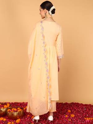 orange color embroidered pure cotton styles kurta trouser with dupatta 4