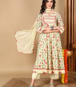 yellow color embroidered pure cotton styles kurta trouser with dupatta