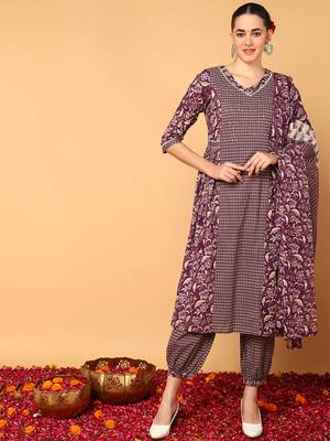 magenta color printed pure cotton styles kurta salwar with dupatta 1