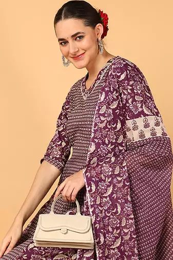magenta color printed pure cotton styles kurta salwar with dupatta