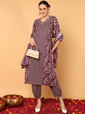 magenta color printed pure cotton styles kurta salwar with dupatta 3