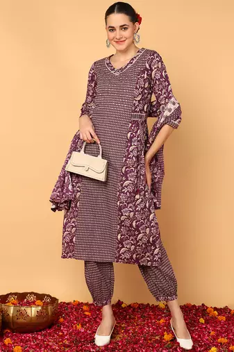 magenta color printed pure cotton styles kurta salwar with dupatta