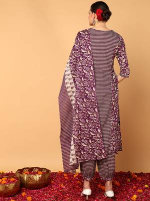 magenta color printed pure cotton styles kurta salwar with dupatta 4