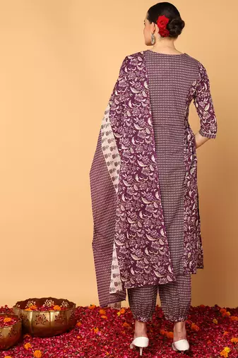 magenta color printed pure cotton styles kurta salwar with dupatta