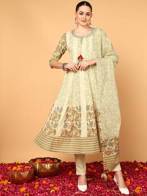green color printed pure cotton styles kurta trouser with dupatta 1