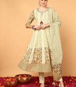 green color printed pure cotton styles kurta trouser with dupatta